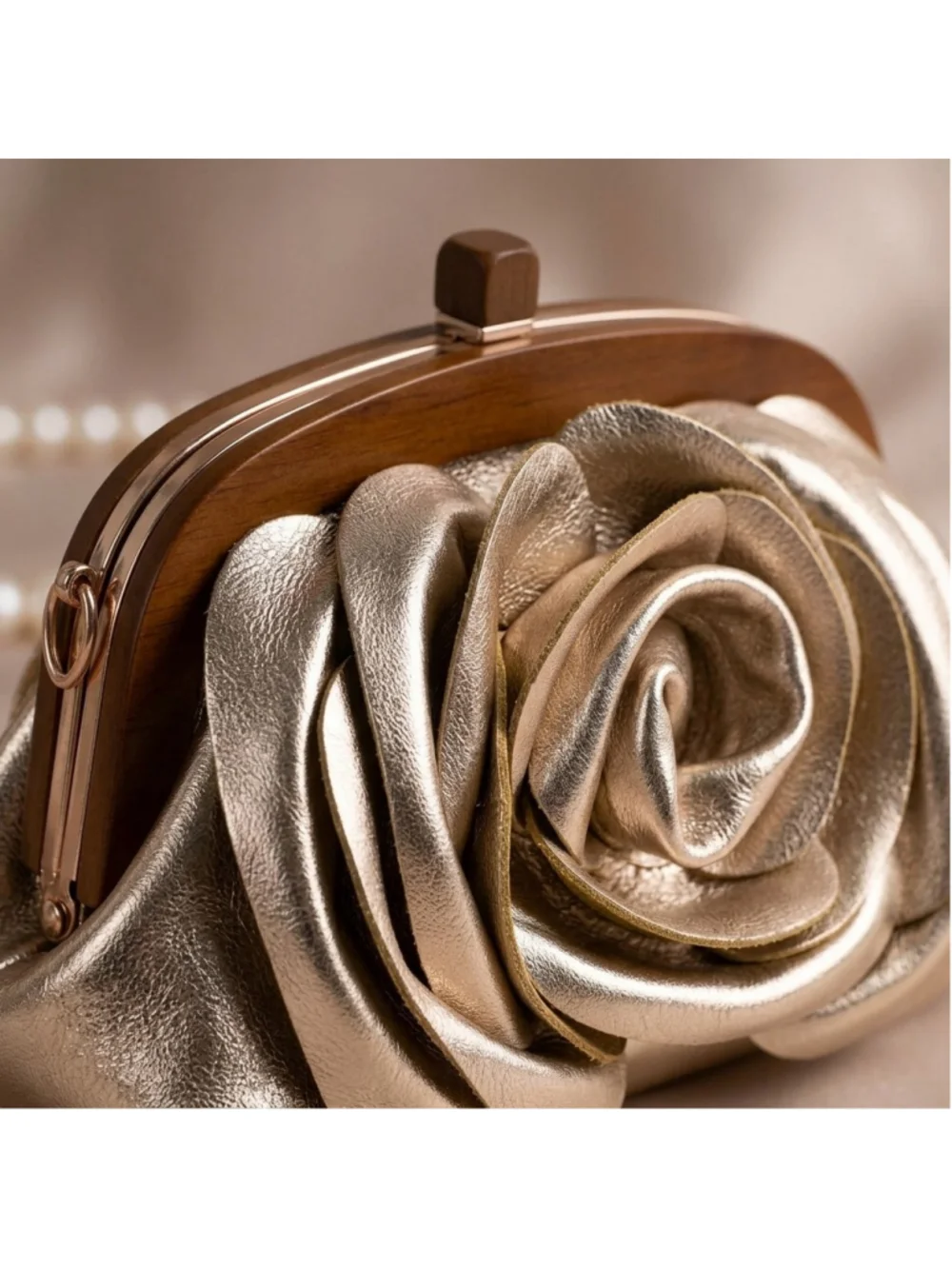 Joelle Wooden Frame Crossbody - Vintage Distressed Metallic Rose bloom Clutch